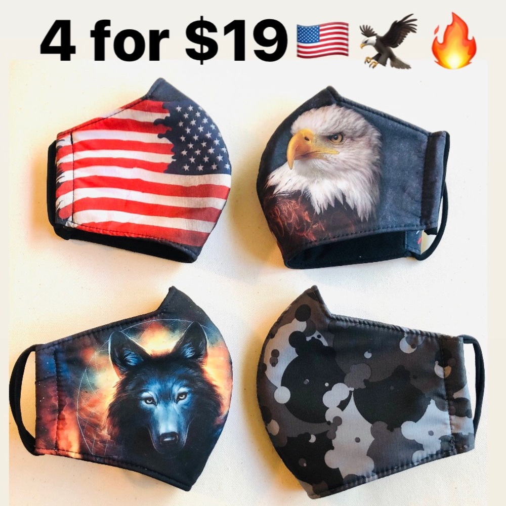 Bundle 4 High Quality Washable Masks 🇺🇸🦅🐺🌋😍
